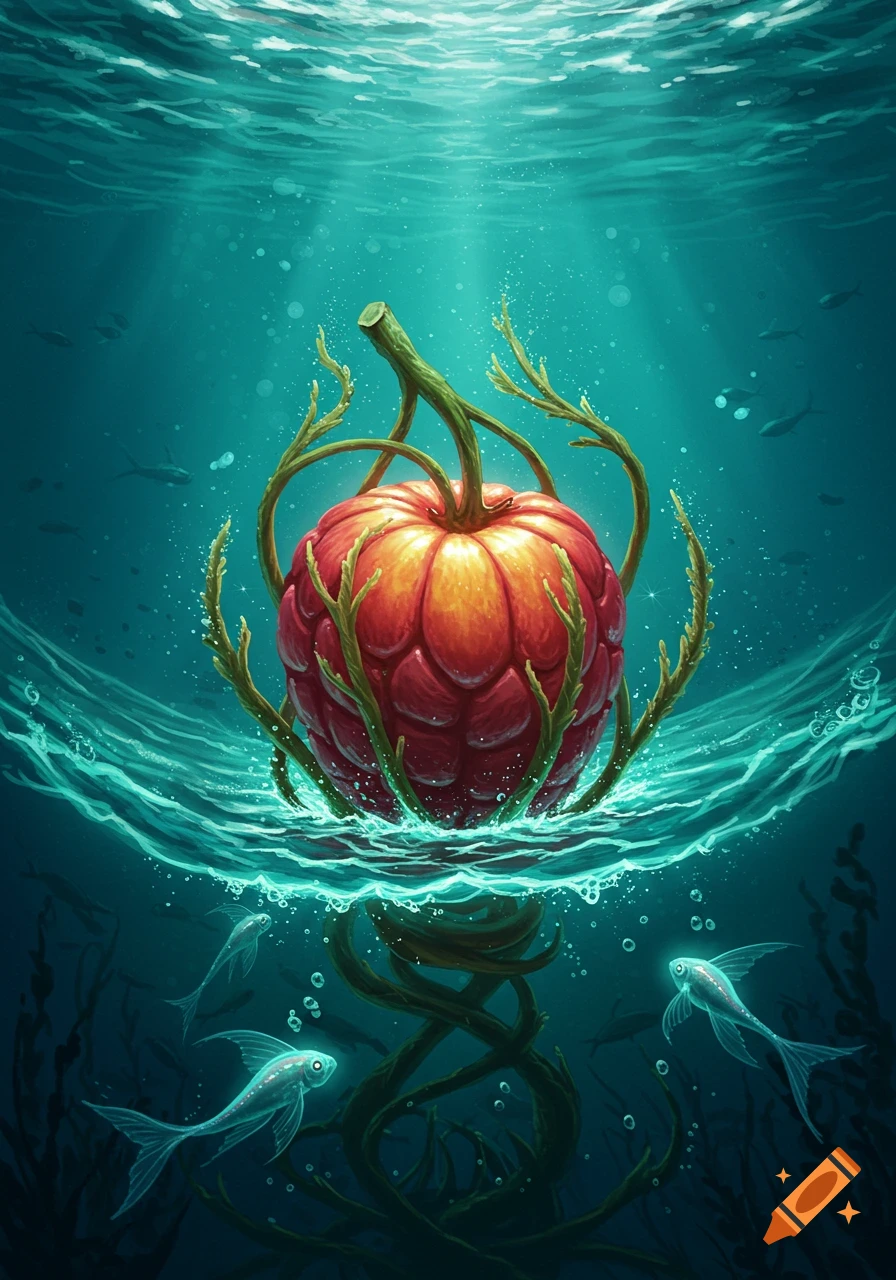 A vibrant, glowing red and orange ribbed fruit with green tendrils partially submerged in clear blue ocean water, with fish and seaweed below.