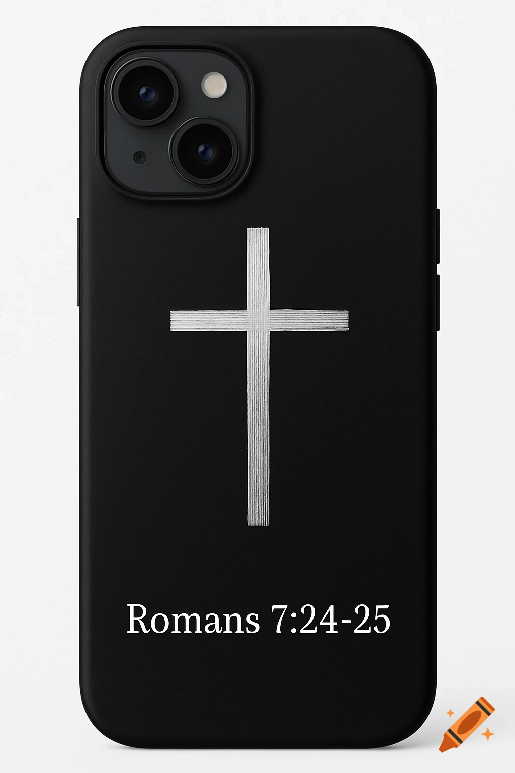 A black iPhone case features a silver brushed cross and the white text "Romans 7:24-25".