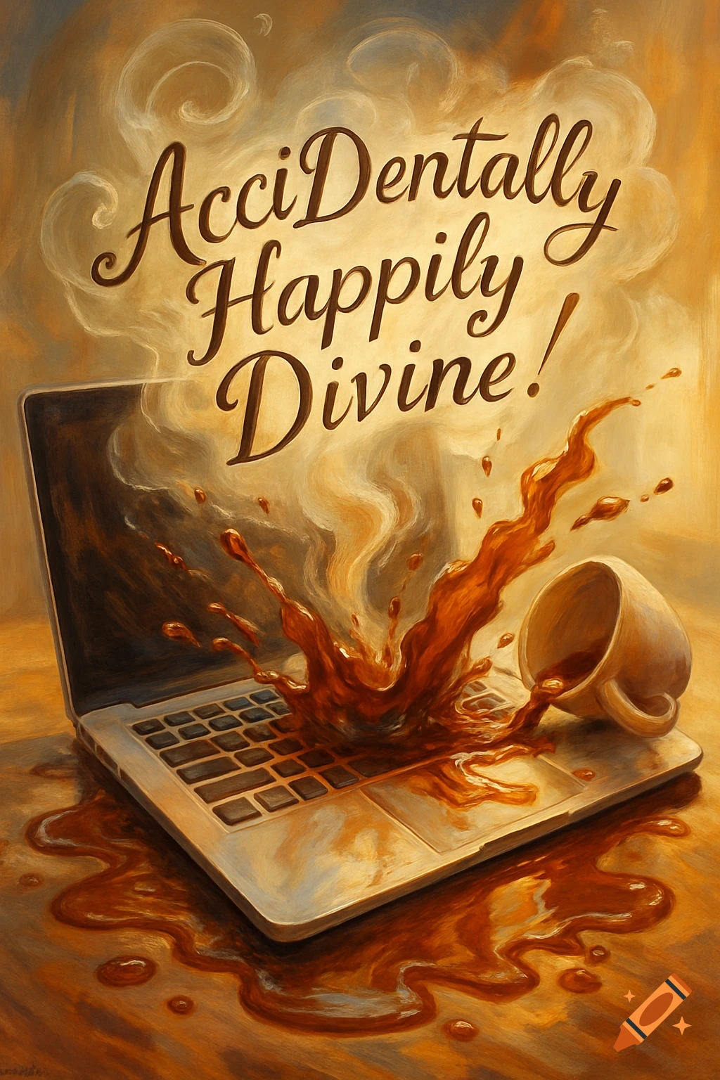 A spilled coffee cup on a laptop with coffee splashing upwards, text reads 'AcciDentally Happily Divine!', digital painting style.