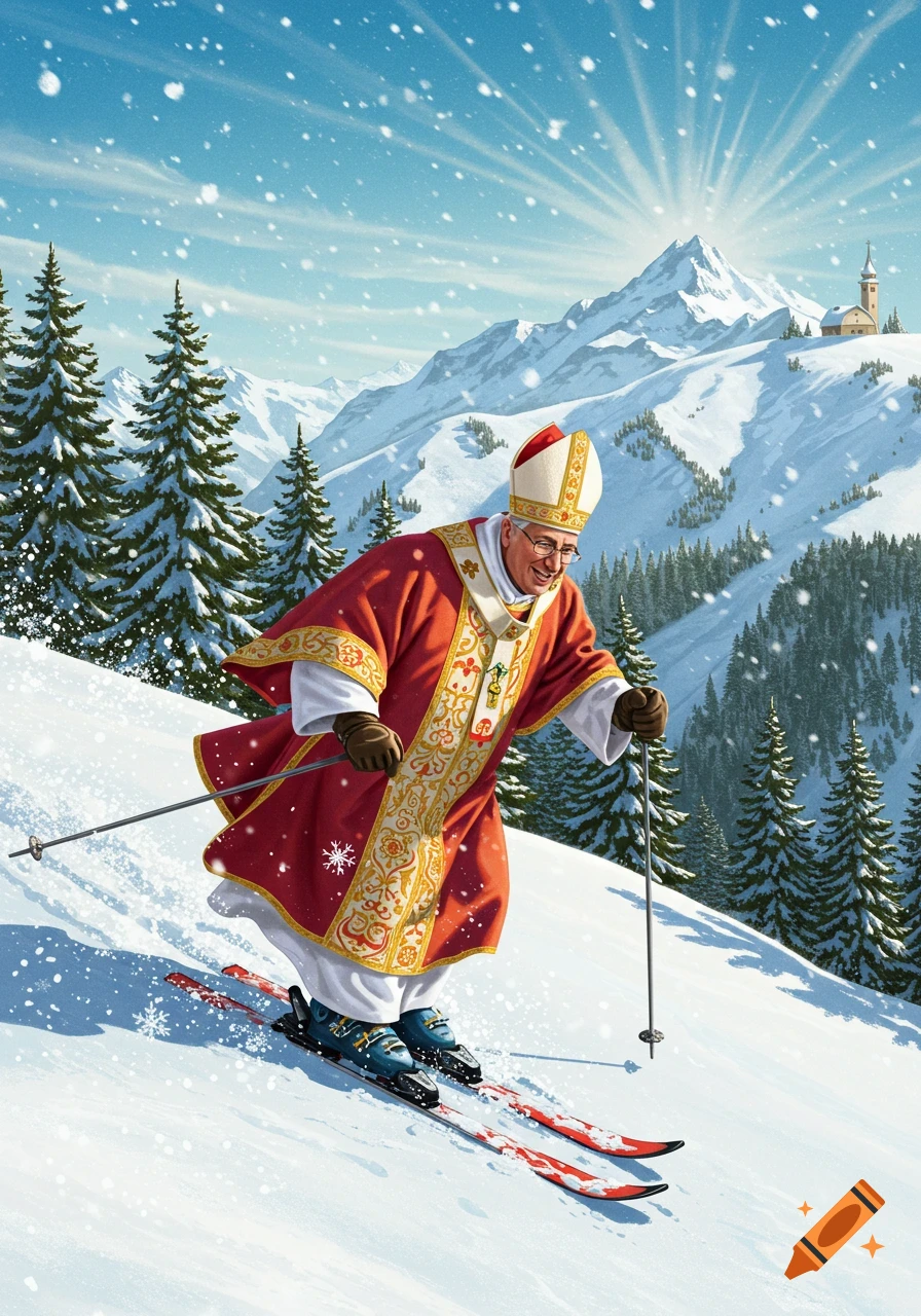 An illustrated Pope skis down a snowy mountain with pine trees, a small church, and a bright sky.