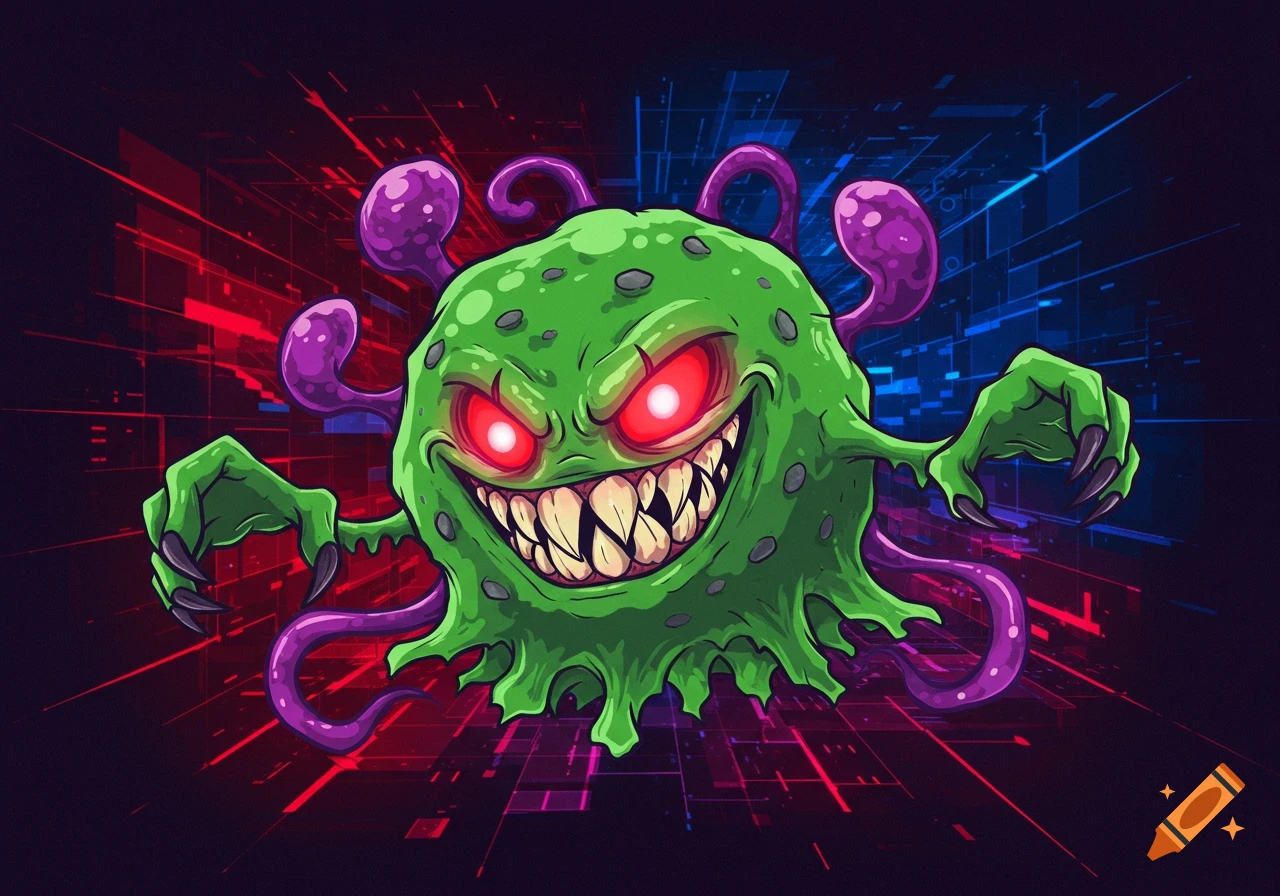 A menacing green cartoon virus monster with sharp teeth, glowing red eyes, and purple tentacles against a red and blue digital background.