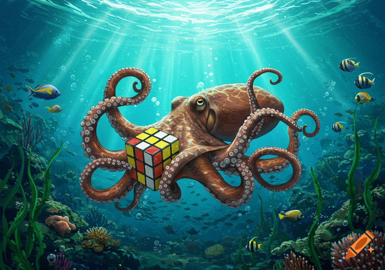 A large brown octopus holds a Rubik's cube with its tentacles in a vibrant underwater scene with fish and coral.