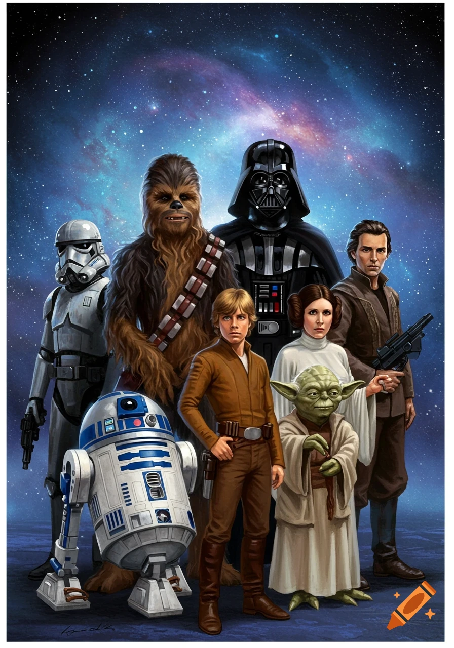 Illustration of Star Wars characters Luke, Leia, Vader, Chewbacca, Yoda, Stormtrooper, R2-D2 against a starry galaxy.