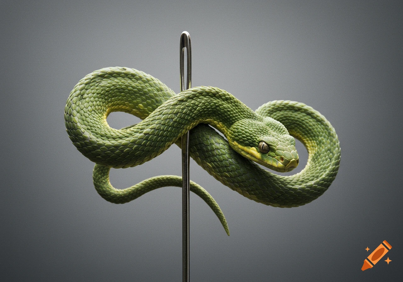 A realistic green viper snake with yellow markings coiled around a silver sewing needle against a plain gray background.