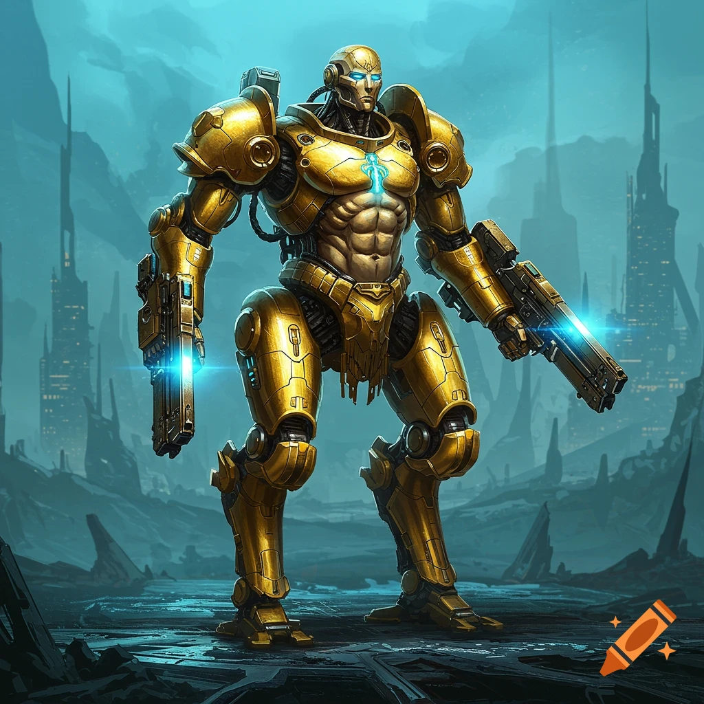 A powerful golden armored mech stands in a dark, futuristic city, holding two glowing sci-fi guns. Detailed and imposing.
