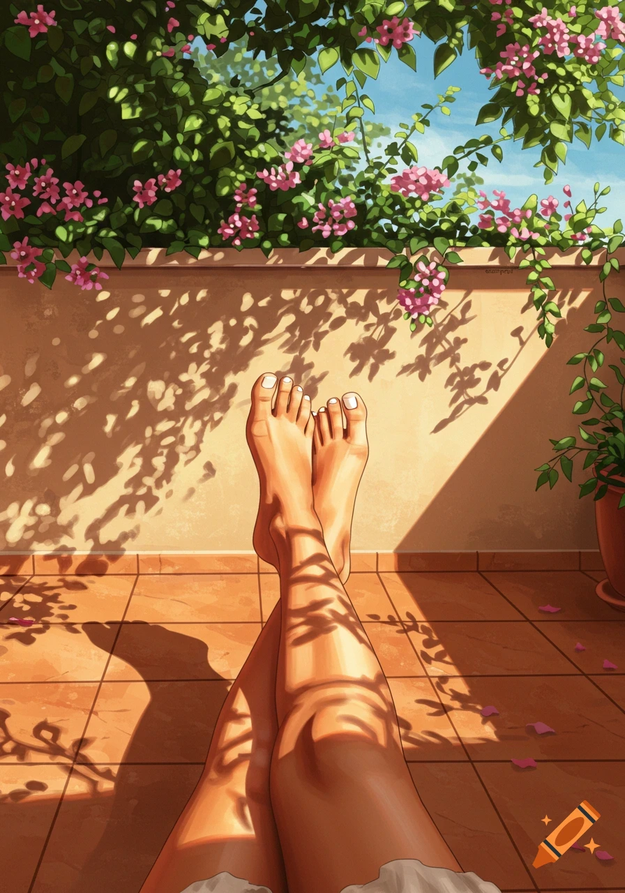 Illustrated legs and feet resting on a sunlit tiled balcony, surrounded by pink bougainvillea and foliage shadows.