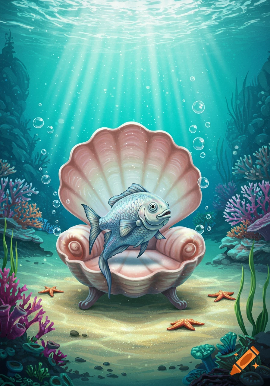 A fish sits in a large, ornate seashell chair on the sandy ocean floor surrounded by coral, plants, and sunlight from above.