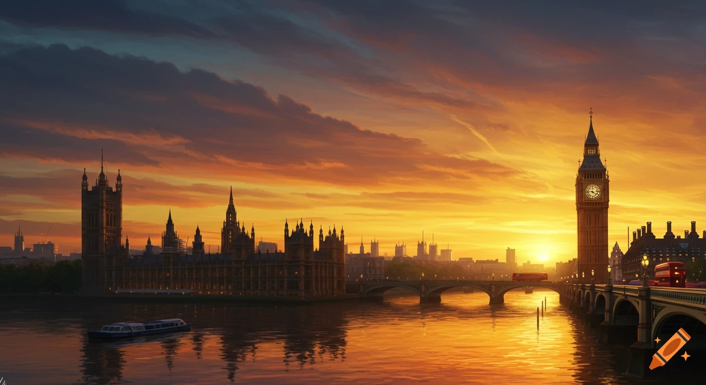 Vibrant digital painting of London's Houses of Parliament and Big Ben at sunset, with golden light reflecting on the River Thames.