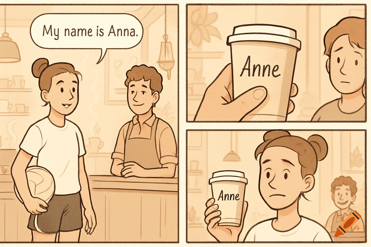 A three-panel comic strip. A woman tells a barista her name is Anna, then receives a coffee cup with 'Anne' written on it, looking dismayed.