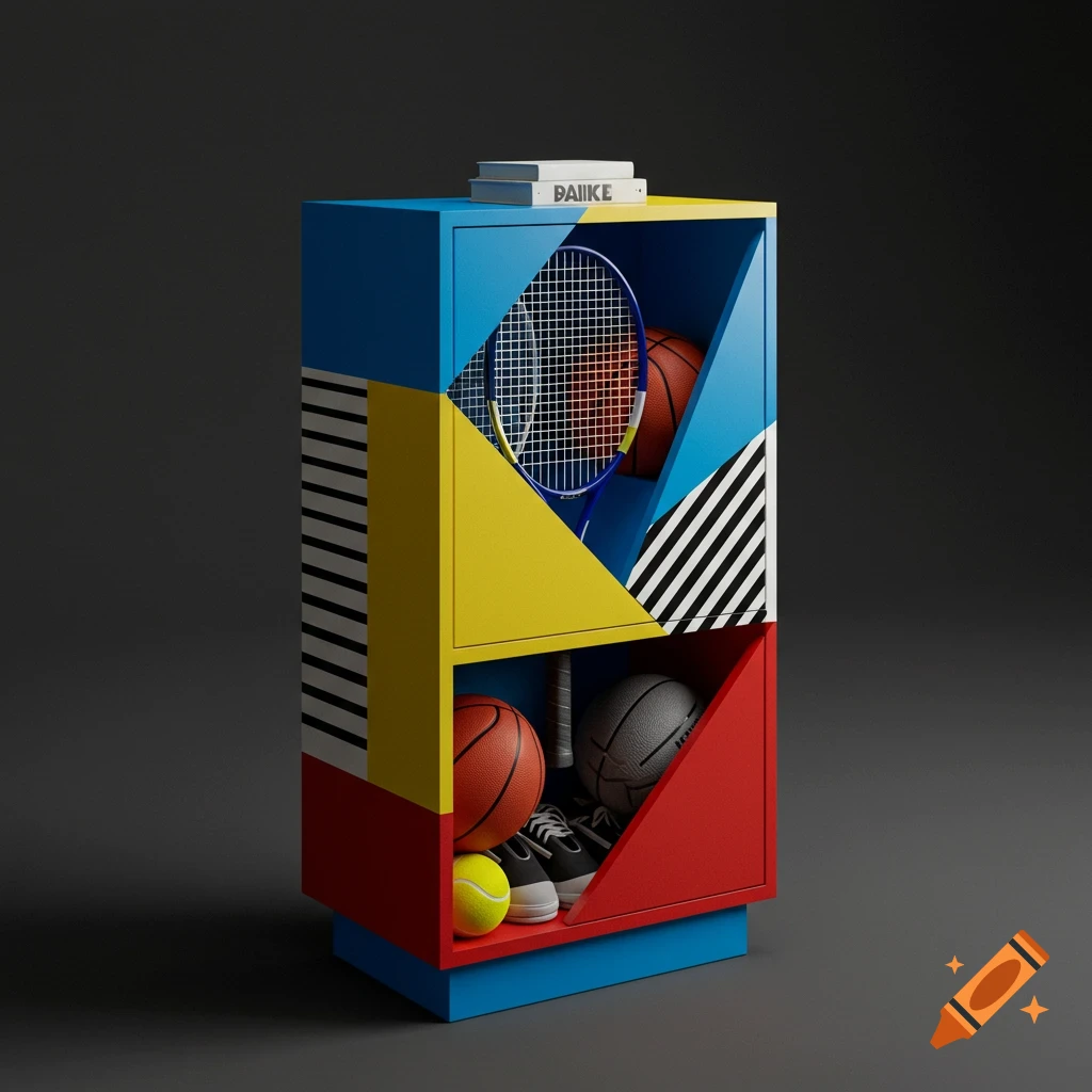 A colorful Memphis-style cabinet filled with sports equipment like basketballs, a tennis racket, and a tennis ball.
