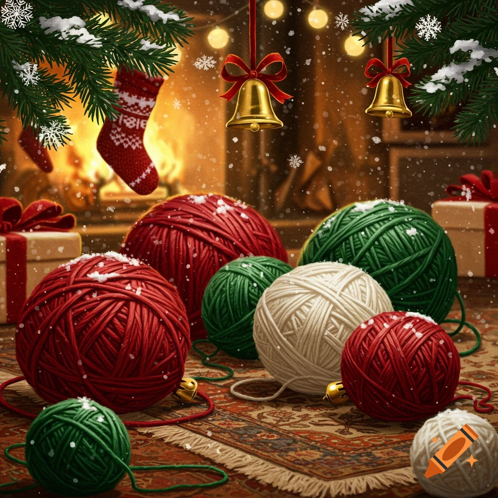 Christmas scene with red, green, and white yarn balls, jingle bells, snow, and a fireplace.