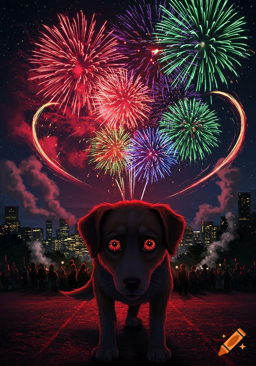 A scared dog with glowing red eyes stands in front of a city skyline with colorful fireworks forming a heart in the night sky.