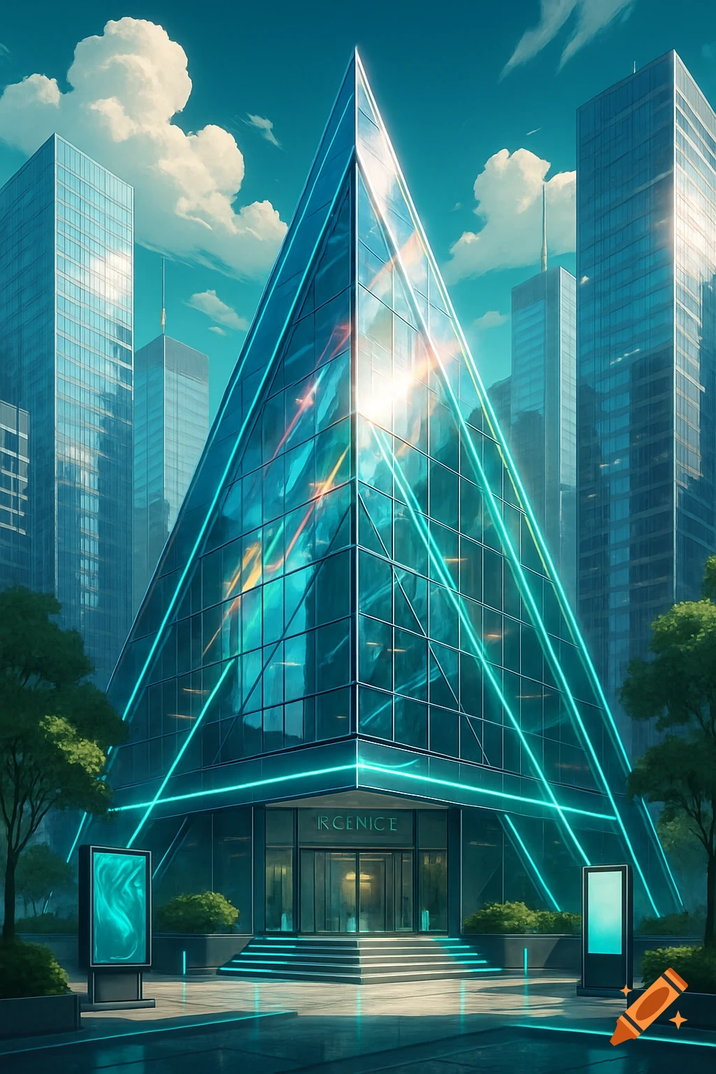 A futuristic, triangular glass building with neon blue light accents stands brightly in a modern city skyline under a blue sky.