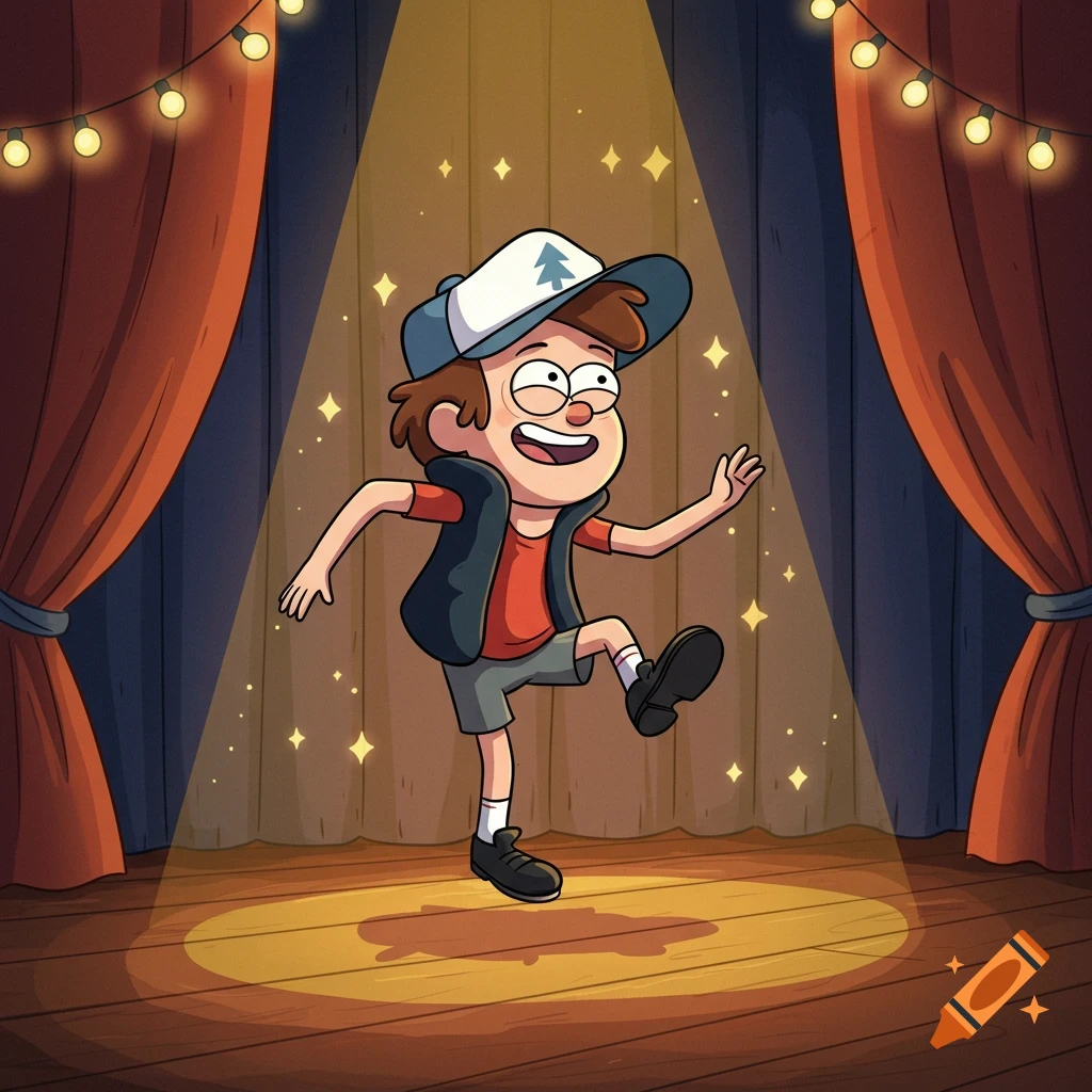 Cartoon Dipper Pines tap dances on a spotlighted wooden stage with red curtains and string lights.