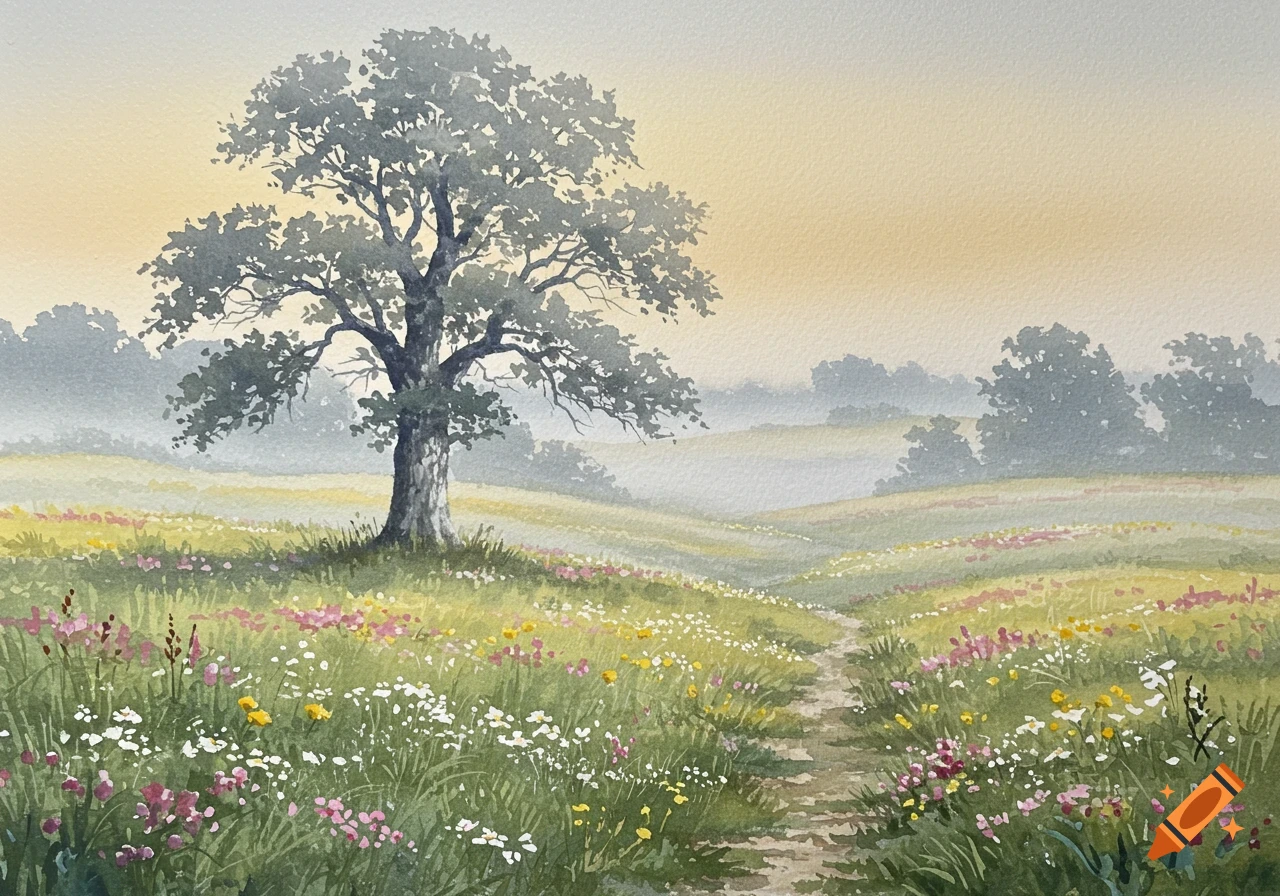 Watercolor painting of a lone tree in a field of colorful wildflowers with a winding path and misty background.