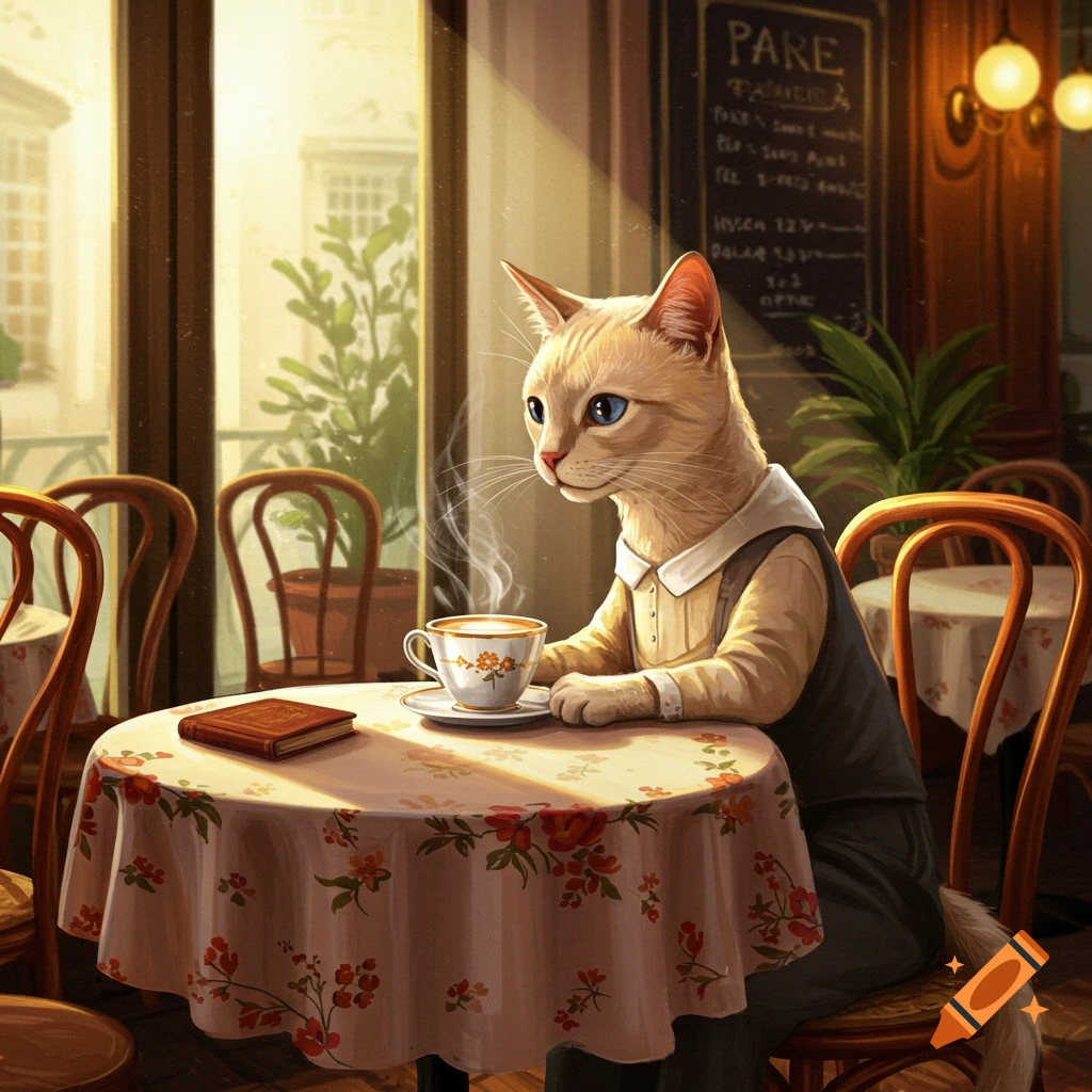 A dapper anthropomorphic cat in a vest sits at a cafe table with a steaming cup of coffee and a book, looking out a window.