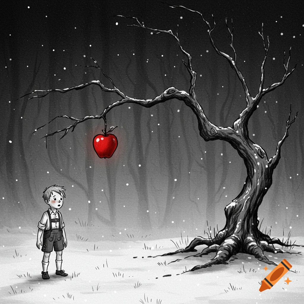 A black and white illustration of a boy in a snowy forest looking at a single glowing red apple on a barren tree.