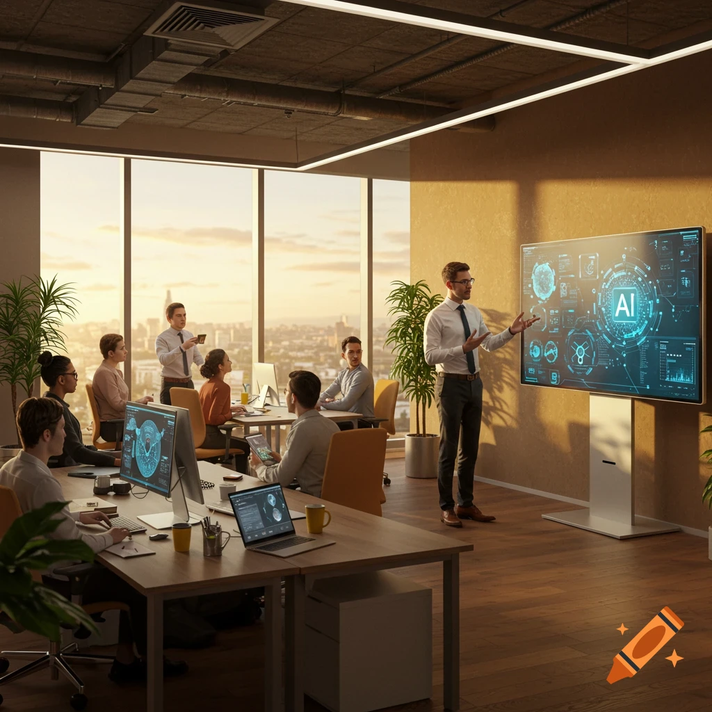 A diverse group of professionals attend an AI business presentation in a modern office with large windows overlooking a city at sunset.