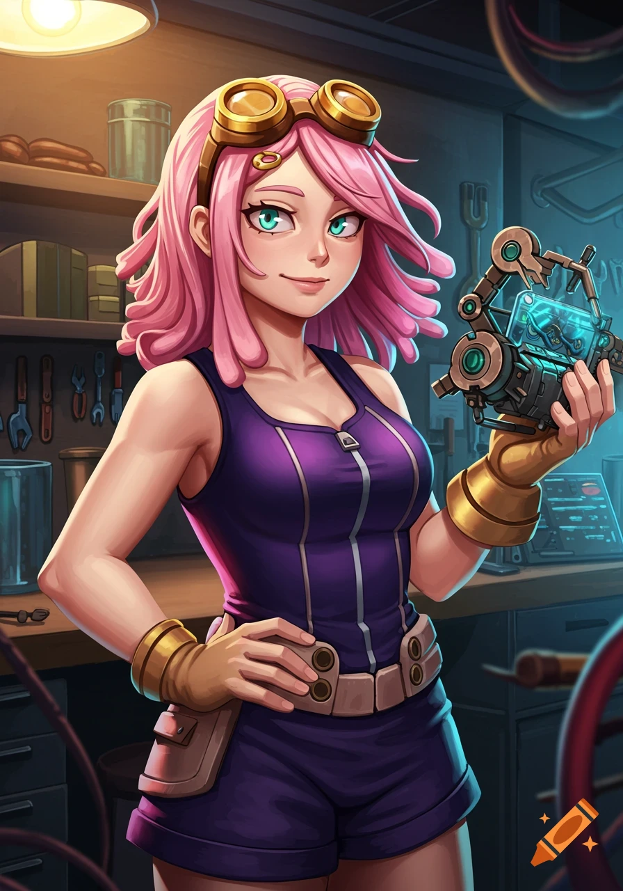 Pink-haired anime girl with goggles in a workshop, wearing a purple tank top and shorts, holding a glowing mechanical device.