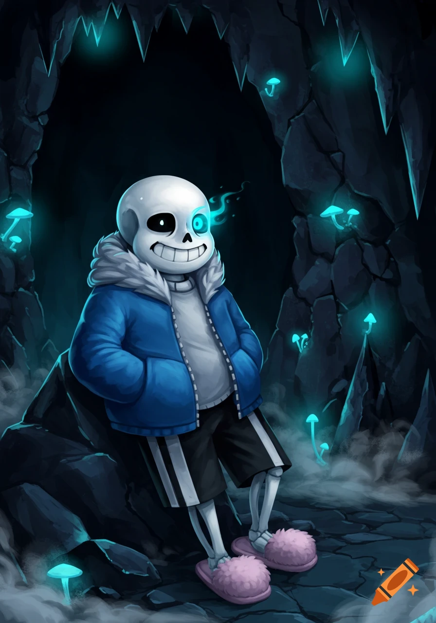 Sans, the skeleton character from Undertale, in a dark cave with glowing blue mushrooms, wearing a blue jacket and pink slippers.