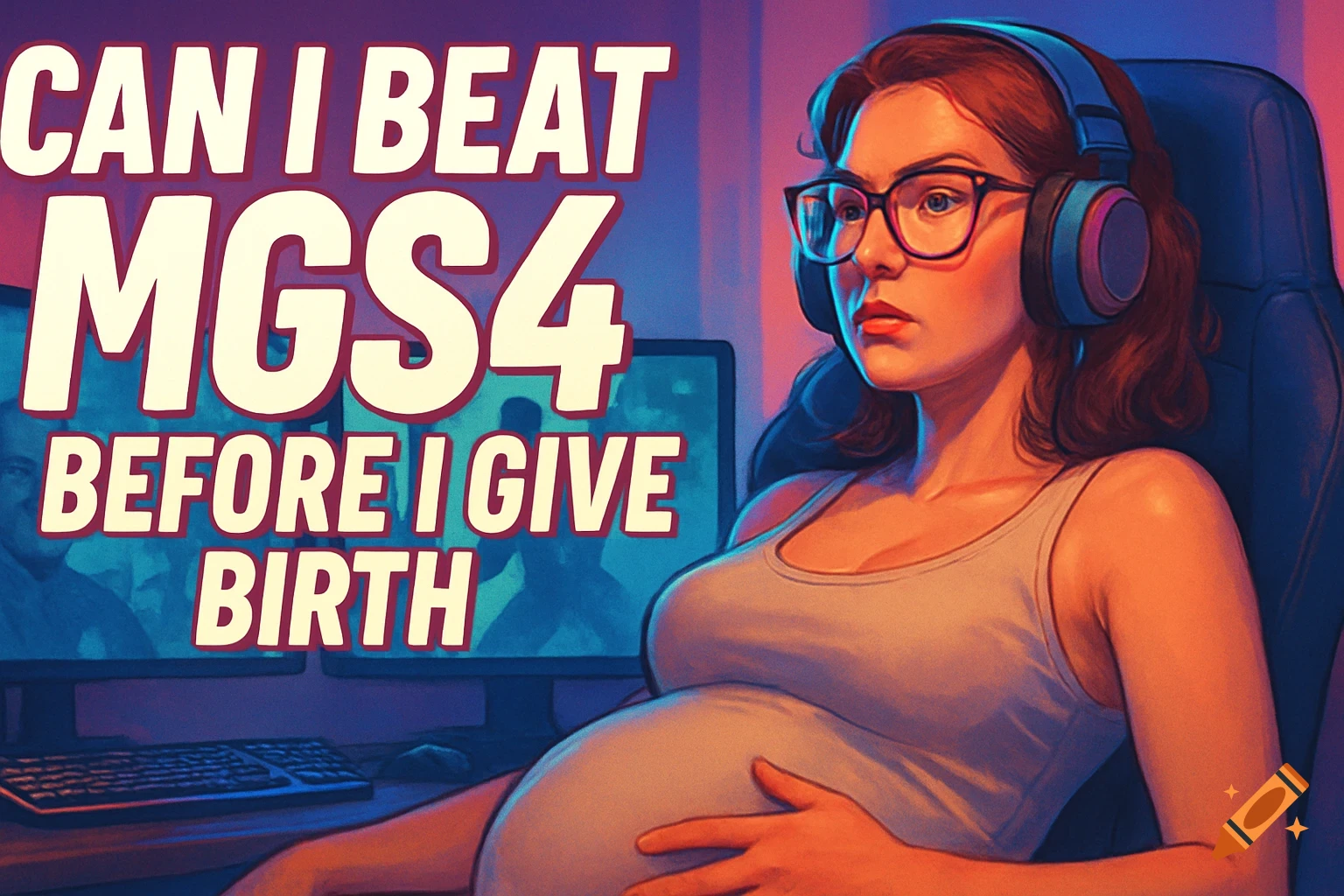 Pregnant woman with glasses and headphones, sitting at a computer, with "CAN I BEAT MGS4 BEFORE I GIVE BIRTH" text.