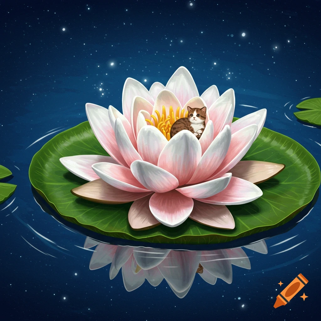 A cute tabby cat sits inside a large pink and white water lily on dark blue water under a starry night sky, illustration.