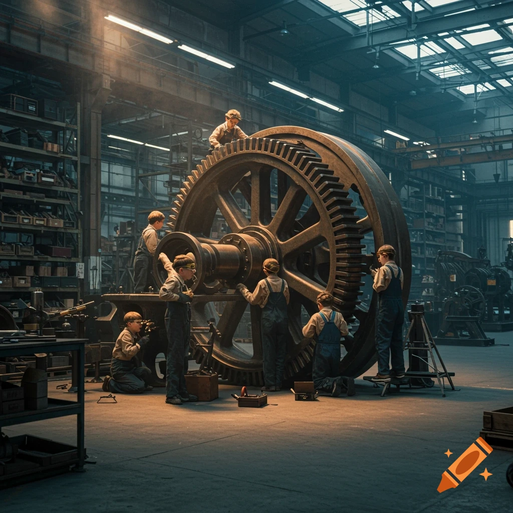 Photorealistic image of several kids in work overalls assembling a giant metal gear in a dimly lit factory.