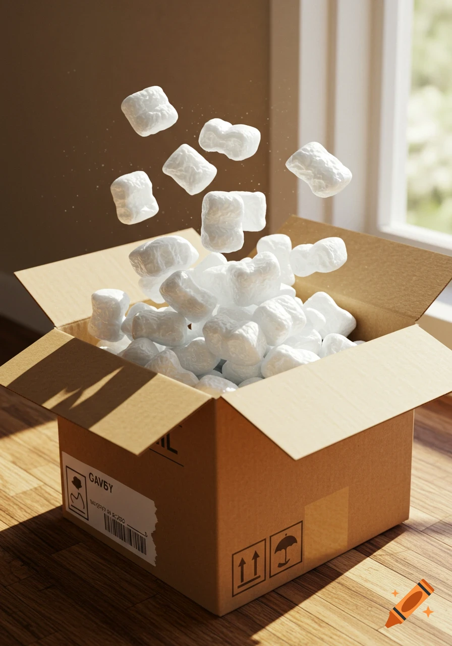 A cardboard box overflowing with white packing peanuts, with some floating in the air, on a wooden floor near a window. Photorealistic style.