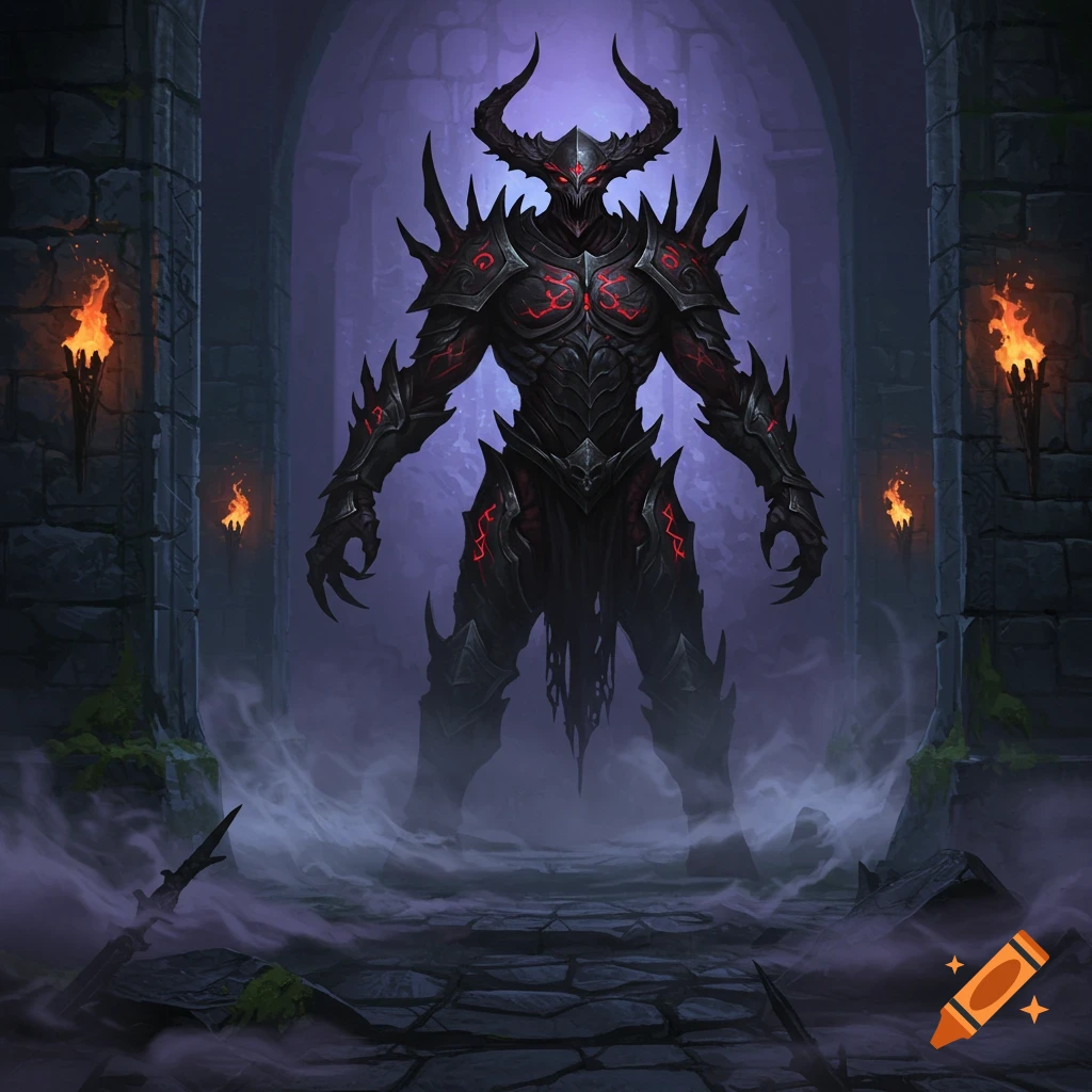 A formidable dark horned demon boss in spiked black and red armor stands in a misty, torch-lit dungeon.