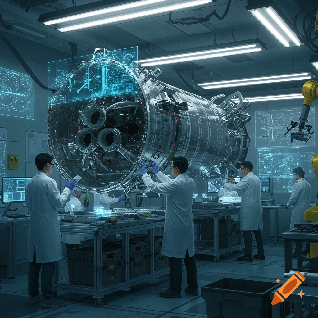 Scientists in a futuristic lab assembling a large rocket engine with holographic schematics.