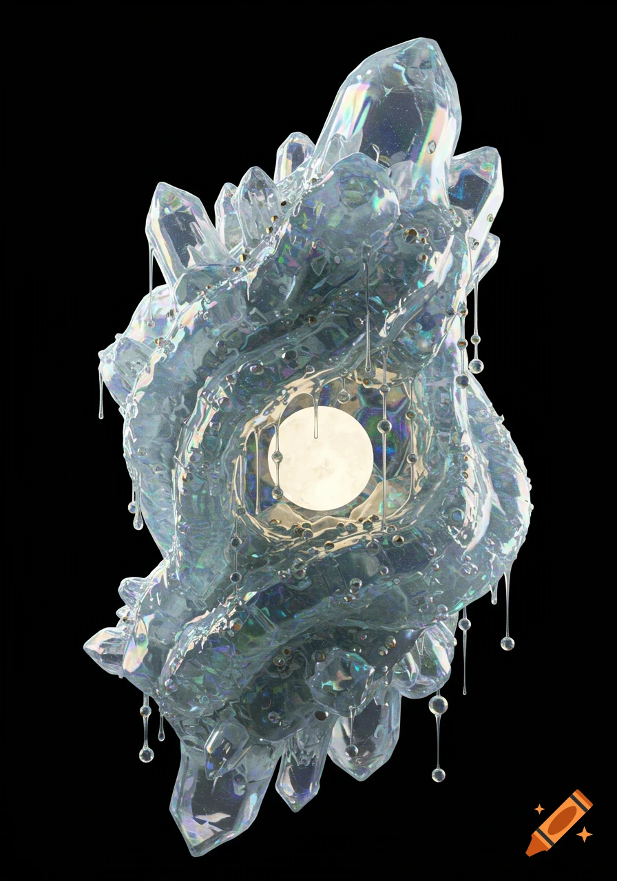 Abstract digital sculpture of translucent, iridescent ice crystals dripping with beads, encasing a glowing moonstone on a black background.
