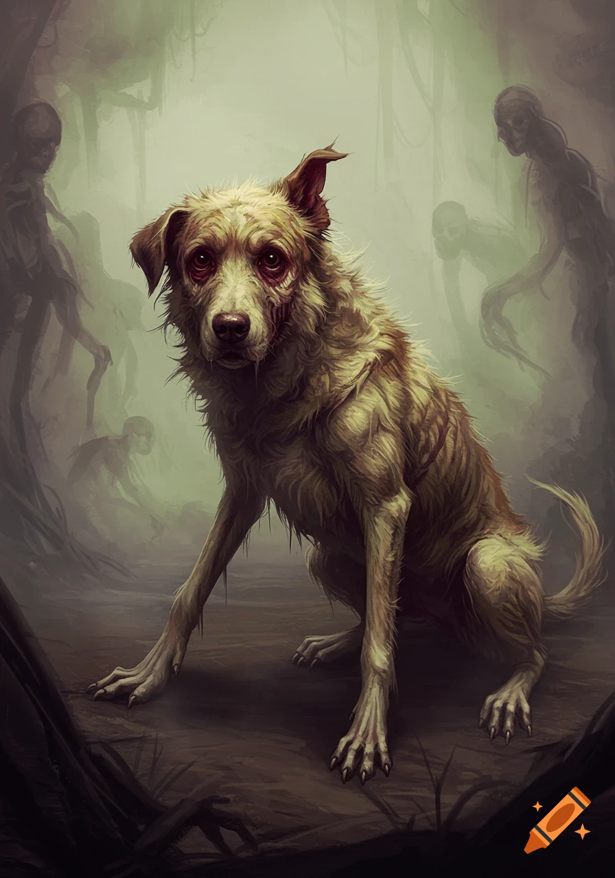 An emaciated dog with red, sunken eyes sits in a misty, dark forest with shadowy, gaunt figures in the background, in a disturbing painting style.