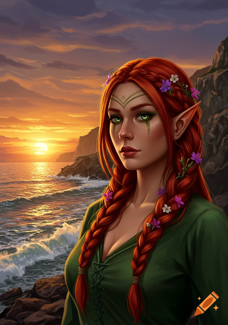 A detailed portrait of a red-haired female elf with braids and flowers, green eyes, standing by a rugged coast at sunset.