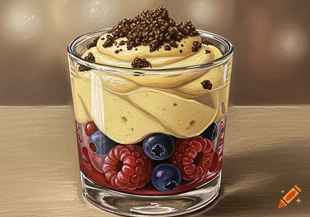 Chalk drawing of a layered dessert in a glass with red and blue berries, a light yellow cream, and chocolate crumble.