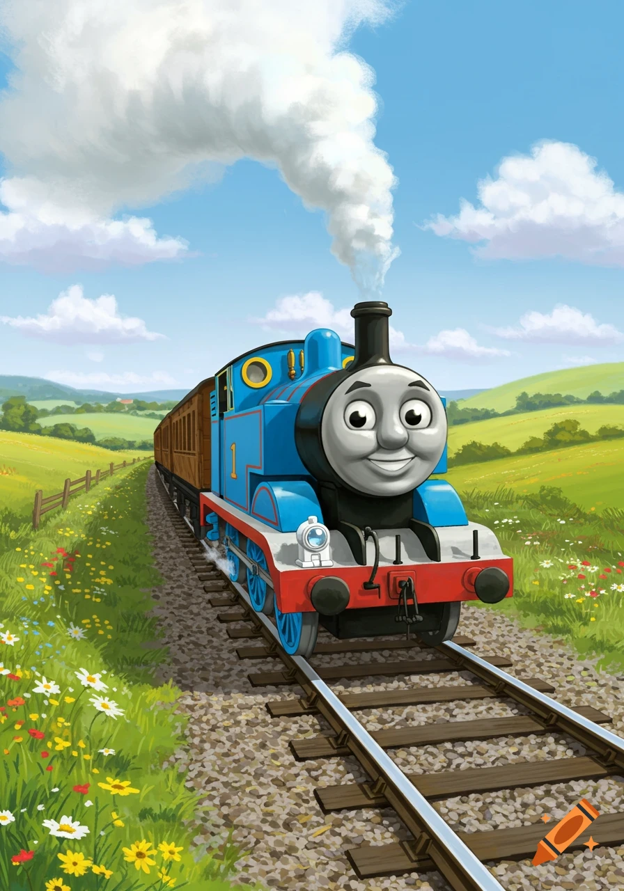 Thomas the Tank Engine smiles while puffing smoke down railroad tracks through a green, flowery countryside under a blue sky.