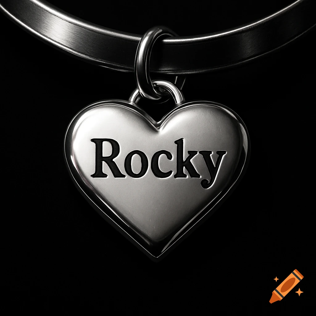 A shiny silver heart-shaped dog collar tag with 'Rocky' engraved, against a black background.