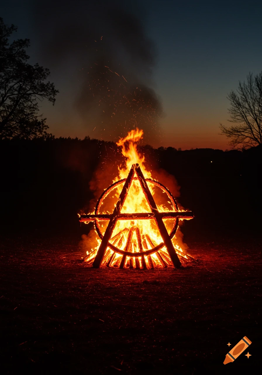 Photorealistic bonfire shaped like the anarchy symbol burning brightly at dusk, with smoke and sparks against a dark sky.