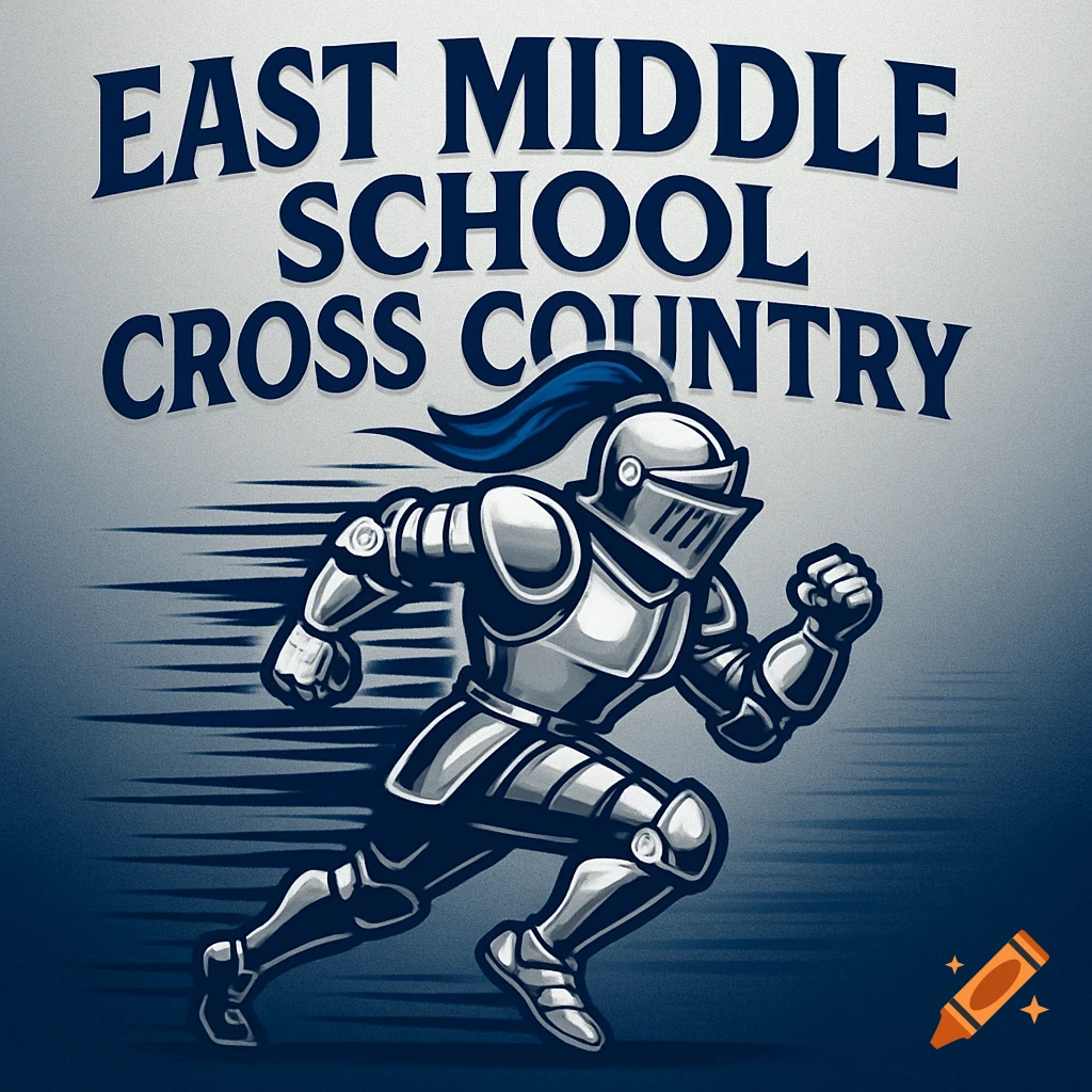 Graphic illustration of a running knight with 'EAST MIDDLE SCHOOL CROSS COUNTRY' text.