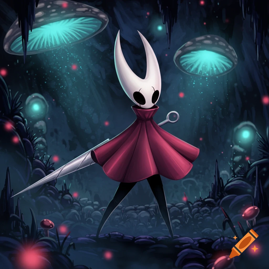 Hornet from Hollow Knight stands in a dark, glowing mushroom cave, holding a needle weapon.