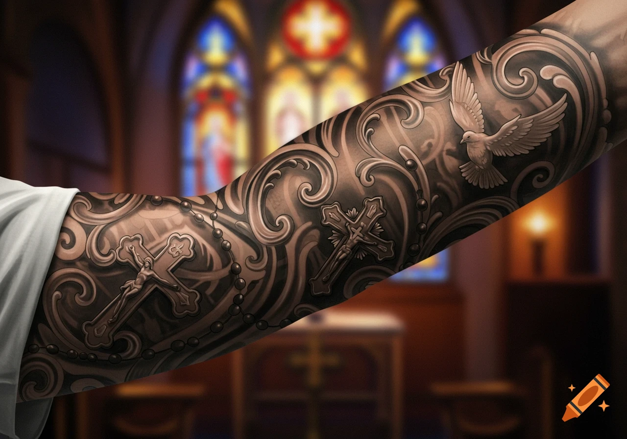 Detailed black and grey Christian forearm tattoos featuring crosses, rosary beads, and a dove, against a blurred church background.