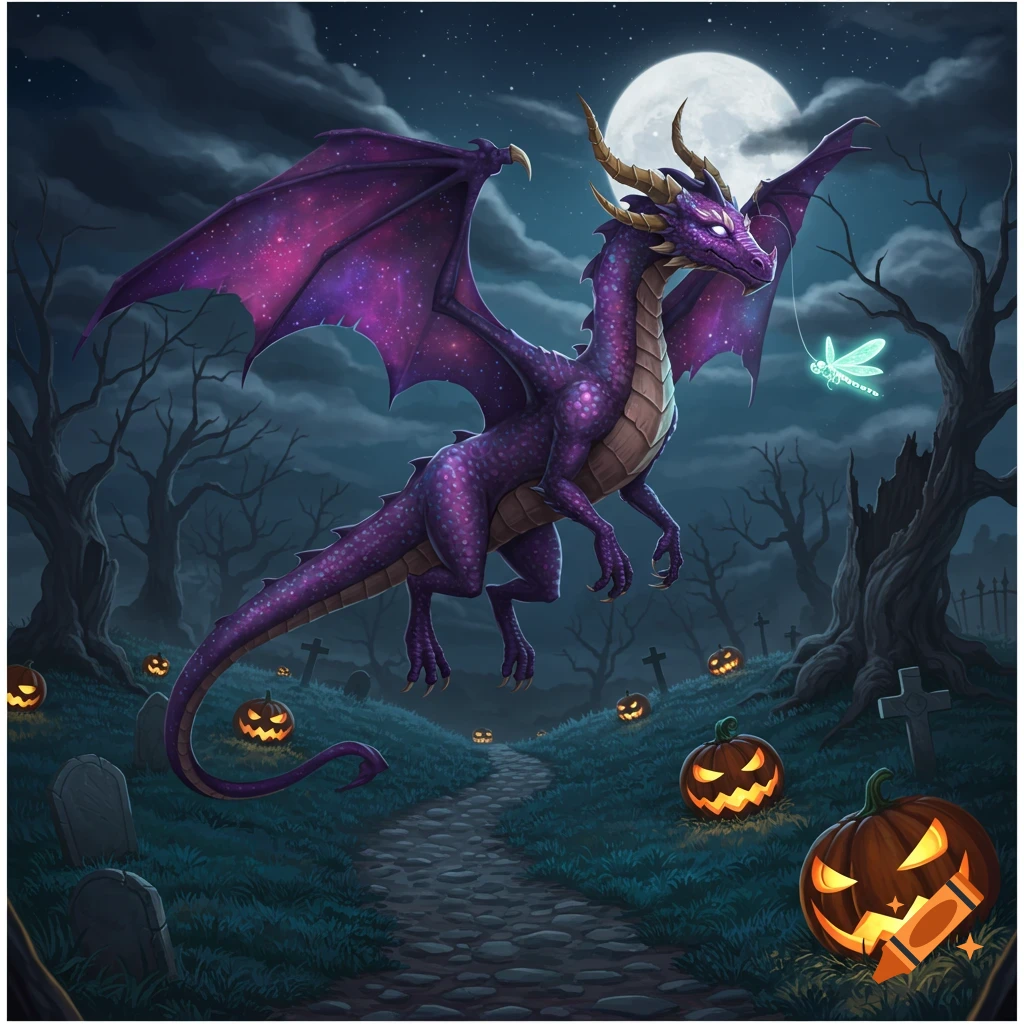 A majestic purple dragon with starry wings flies above a Halloween graveyard path, guided by a glowing blue fairy, under a full moon.