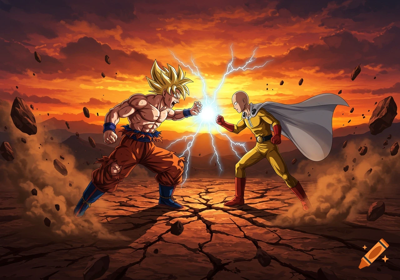 Goku and Saitama battle with lightning and debris on a cracked landscape under a dramatic orange sky in anime style.