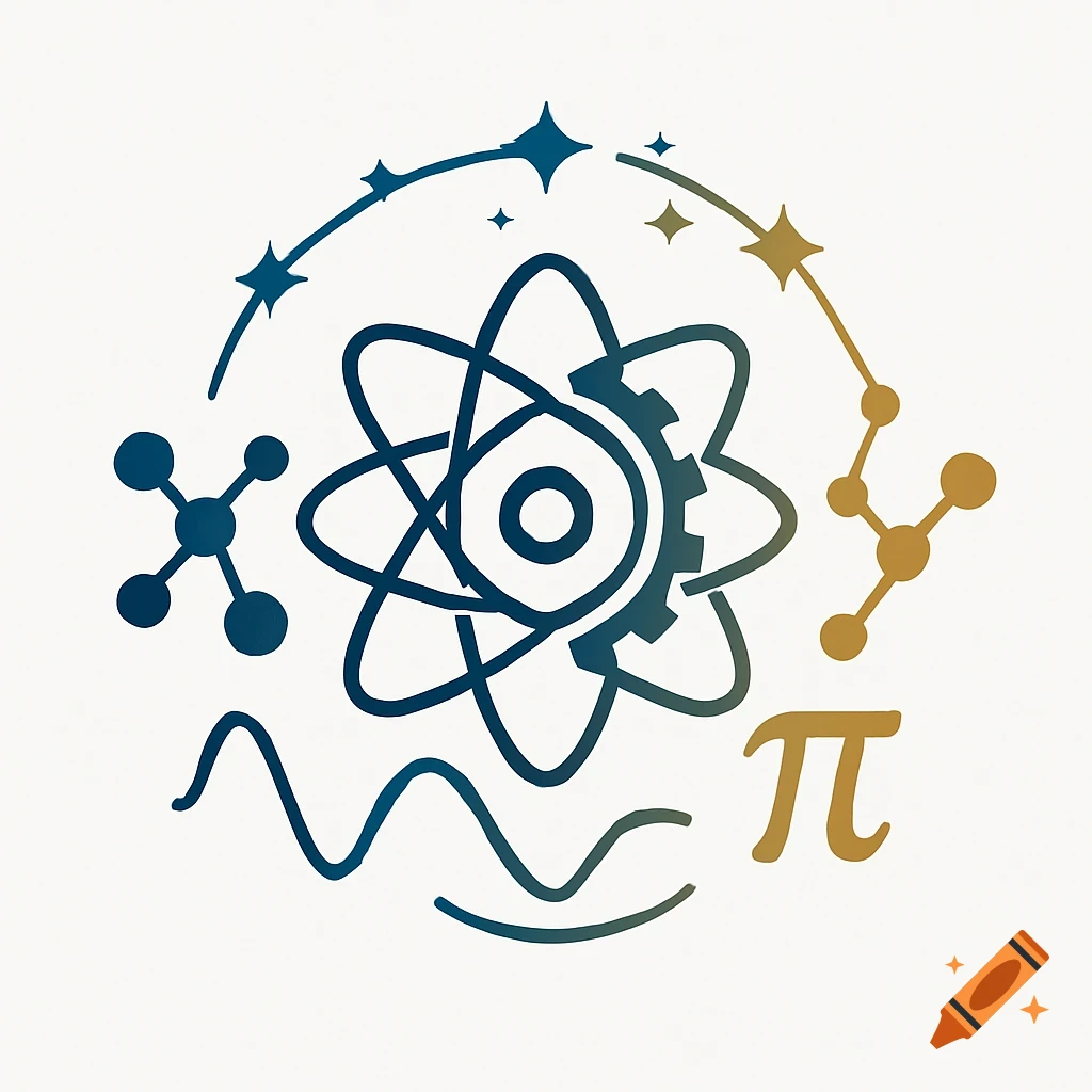 A graphic logo with scientific symbols: an atom, gear, stars, constellation, molecule, sine wave, and Pi symbol.