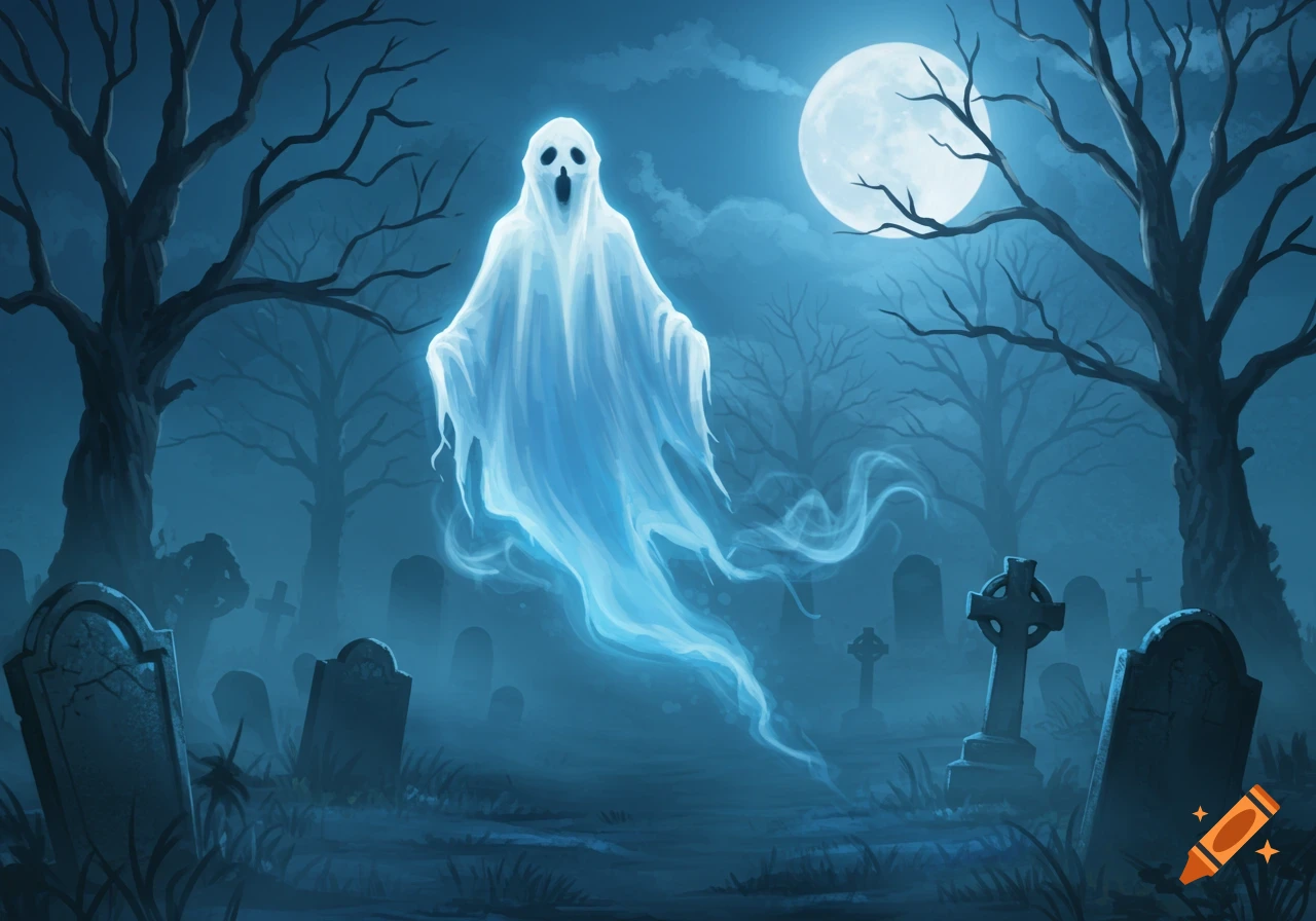 A glowing white ghost with an open mouth floats in a foggy graveyard under a large full moon, surrounded by bare trees and old tombstones at night.