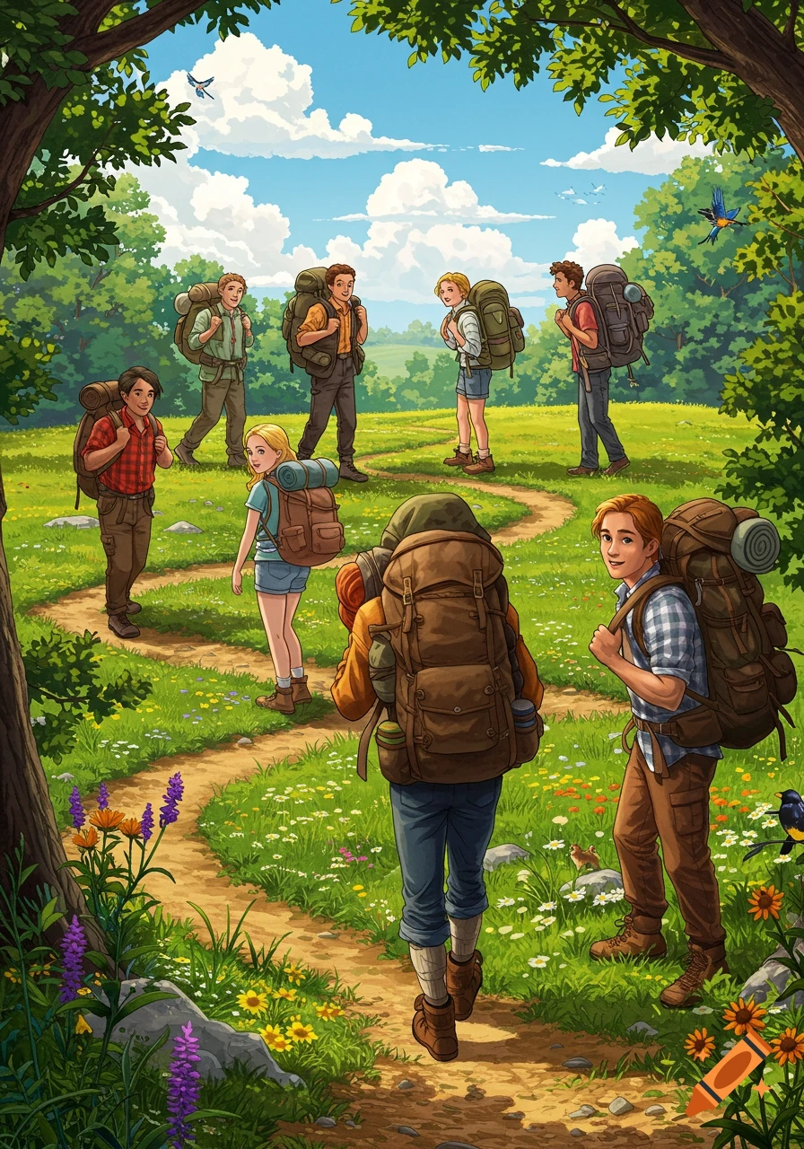 An illustration of a group of hikers with large backpacks walking on a winding dirt path through a lush green forest under a blue sky.