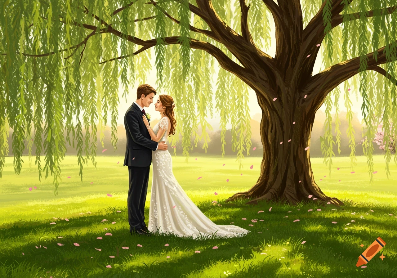 Illustration of a wedding couple embracing under a large weeping willow tree in a sunny, green field with pink petals.