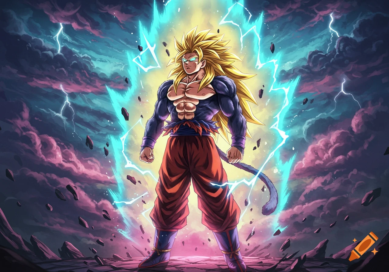 Anime character resembling Goku in a powerful Super Saiyan form with long golden hair, surrounded by a bright blue aura and lightning.