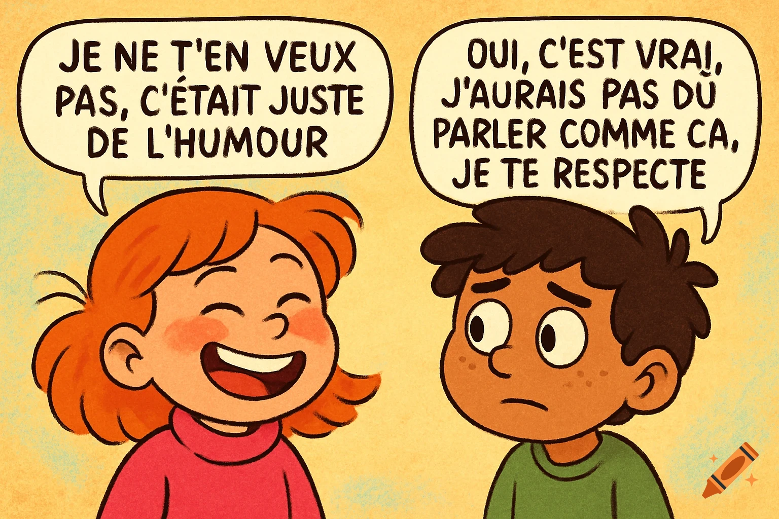 A cartoon of a smiling girl in a pink turtleneck and a somber boy in a green shirt, with speech bubbles conveying an apology and understanding.