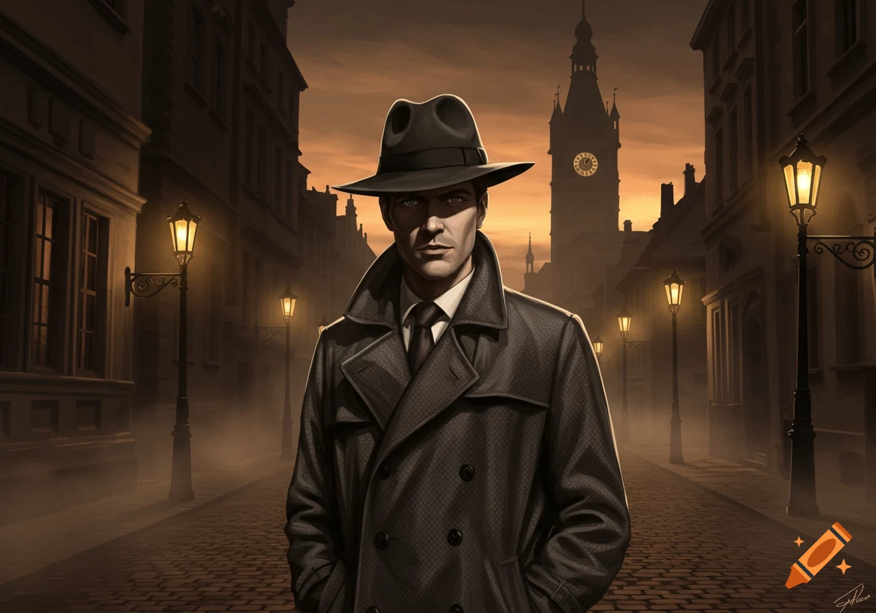 A stylish detective in a fedora and trench coat stands on a cobblestone street at dusk, illuminated by gas lamps, with a clock tower in the background.