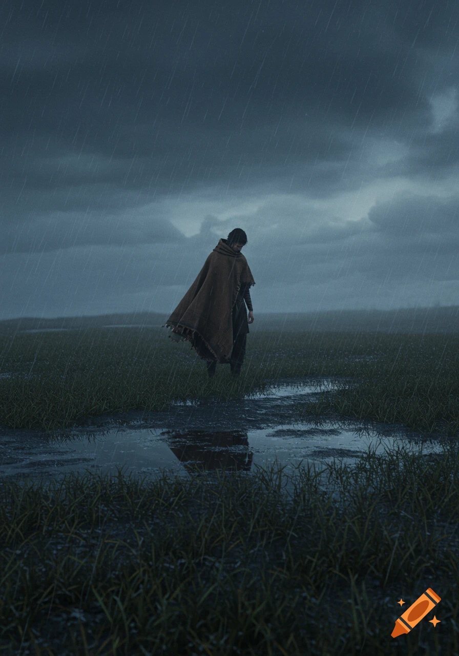 A solitary person in a brown cloak walks through a rain-soaked grassy field with puddles under dark, cloudy skies.